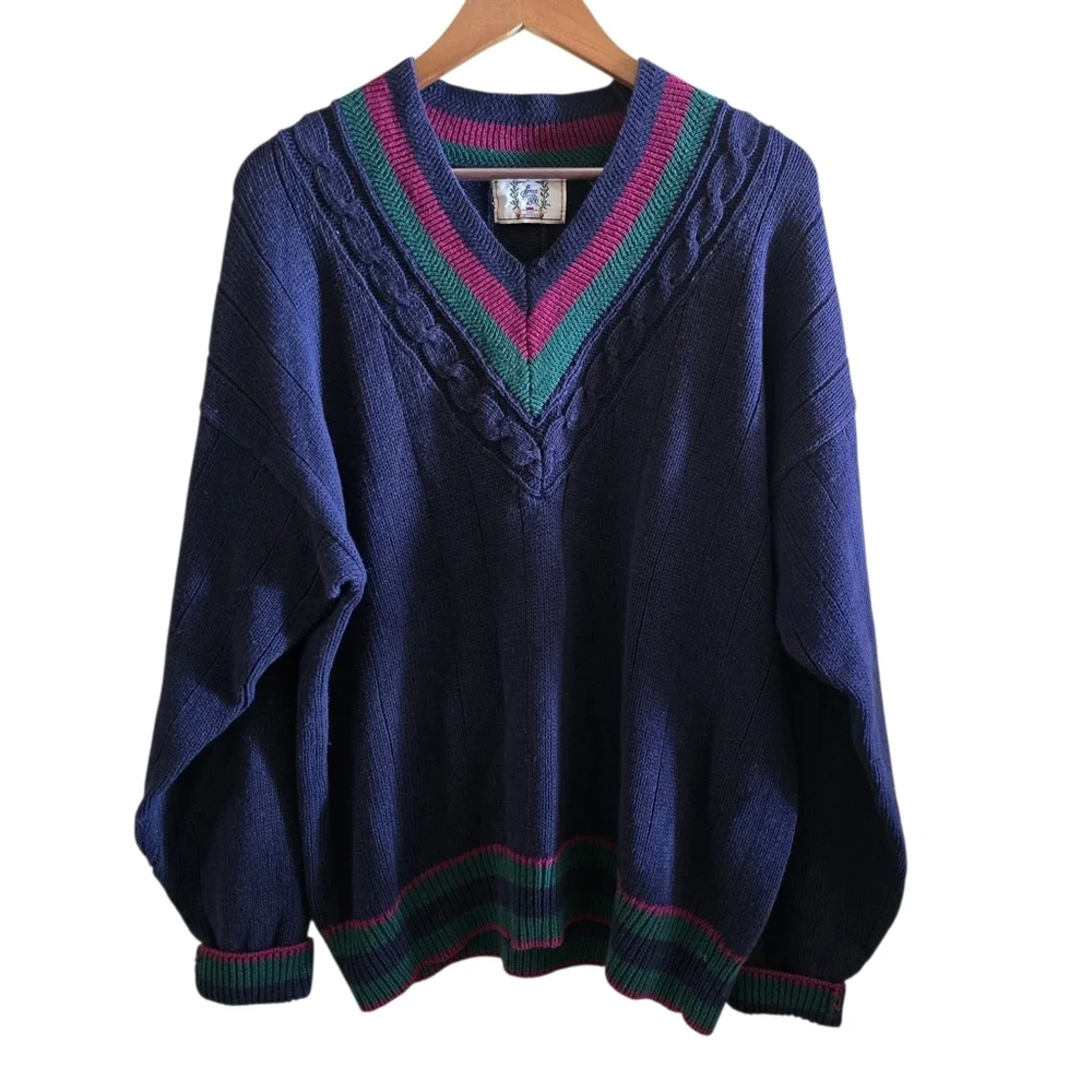 VTG Sears Roebuck & Co. Navy Cricket Sweater V-Neck Cable Knit Oversized